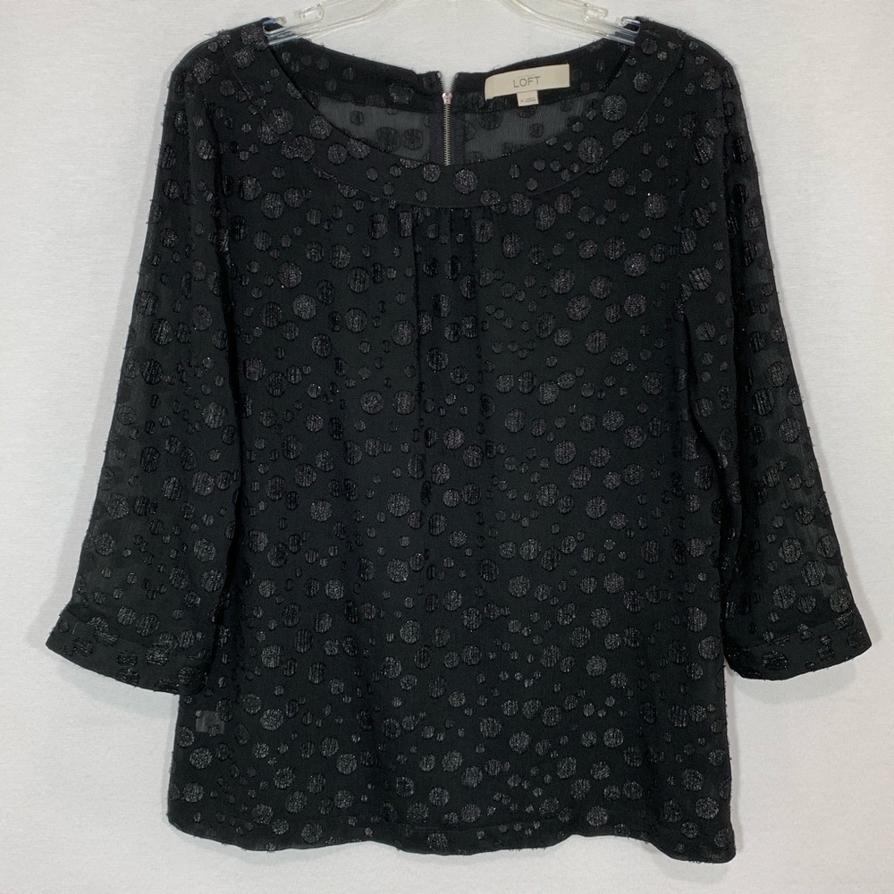 LOFT BLACK Shimmer Semi-sheer Polka dot top Blouse